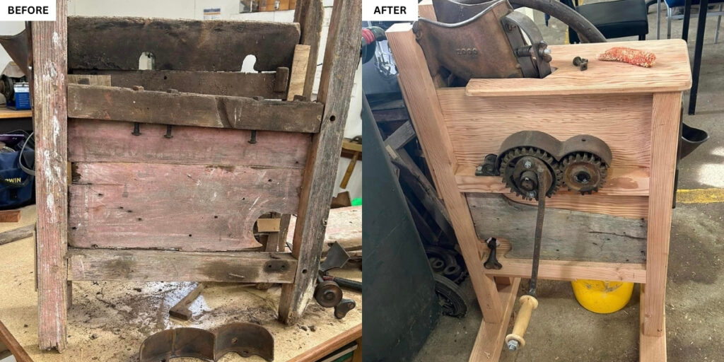 A before and after image showing the externals of the corn husker. The before image shows loose nails, rotting timber, years of neglect. The after image shows us an entirely new sanded timber frame with a small non structural feature of the old timber.