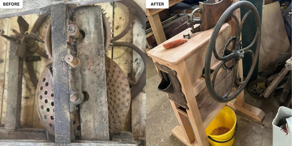 A before and after image showing the internal mechanism of the corn husker, in the before image it is significantly weathered, rusted and parts are missing. The after image shows a beautifully restored corn husker with a new timber frame, cleaned and restored parts and even a bucket underneith half filled with husked corn.